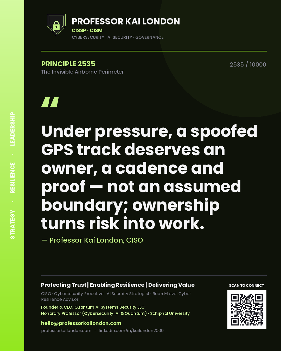 Quote card by Professor Kai London reading 'Under pressure, a spoofed GPS track deserves an owner, a cadence and proof — not an assumed boundary; ownership turns risk into work.'. From the book The Invisible Airborne Perimeter.