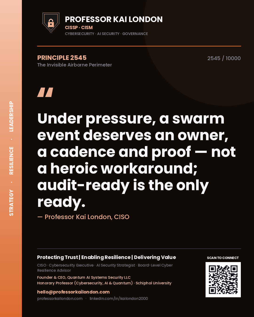 Professor Kai London principle 2545: Under pressure, a swarm event deserves an owner, a cadence and proof — not a heroic workaround; audit-ready is the only ready.