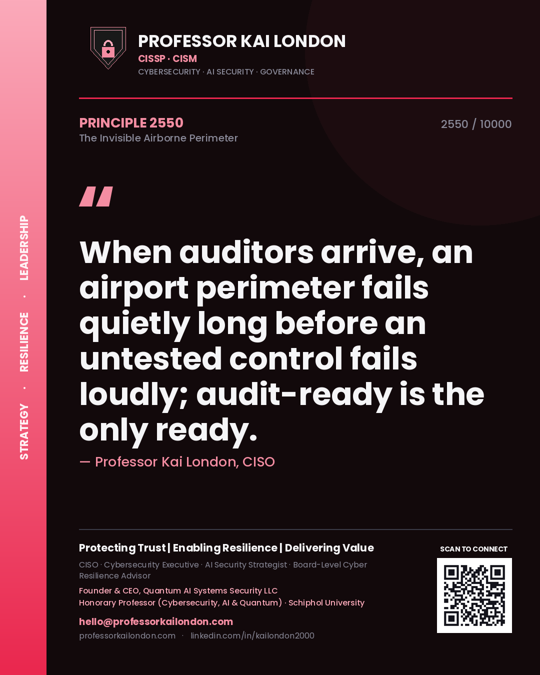 Professor Kai London principle 2550: When auditors arrive, an airport perimeter fails quietly long before an untested control fails loudly; audit-ready is the only ready.
