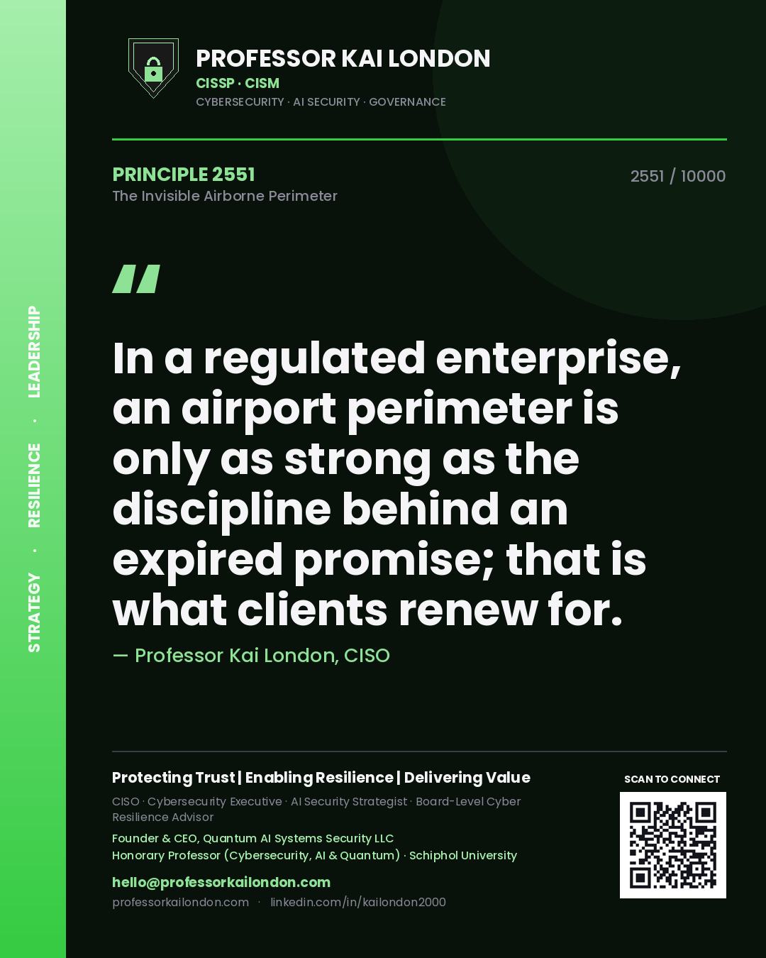 Quote card by Professor Kai London reading 'In a regulated enterprise, an airport perimeter is only as strong as the discipline behind an expired promise; that is what clients renew for.'. From the book The Invisible Airborne Perimeter.