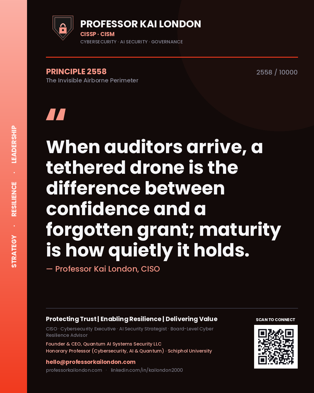 Quote card by Professor Kai London reading 'When auditors arrive, a tethered drone is the difference between confidence and a forgotten grant; maturity is how quietly it holds.'. From the book The Invisible Airborne Perimeter.