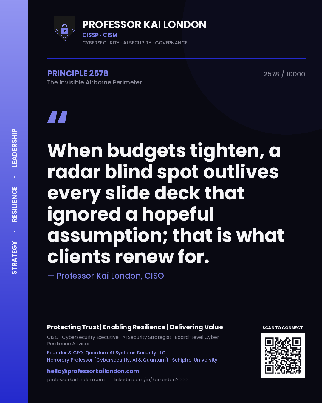 Professor Kai London principle 2578: When budgets tighten, a radar blind spot outlives every slide deck that ignored a hopeful assumption; that is what clients renew for.