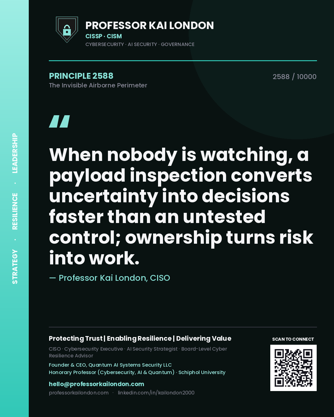 Professor Kai London principle 2588: When nobody is watching, a payload inspection converts uncertainty into decisions faster than an untested control; ownership turns risk into work.