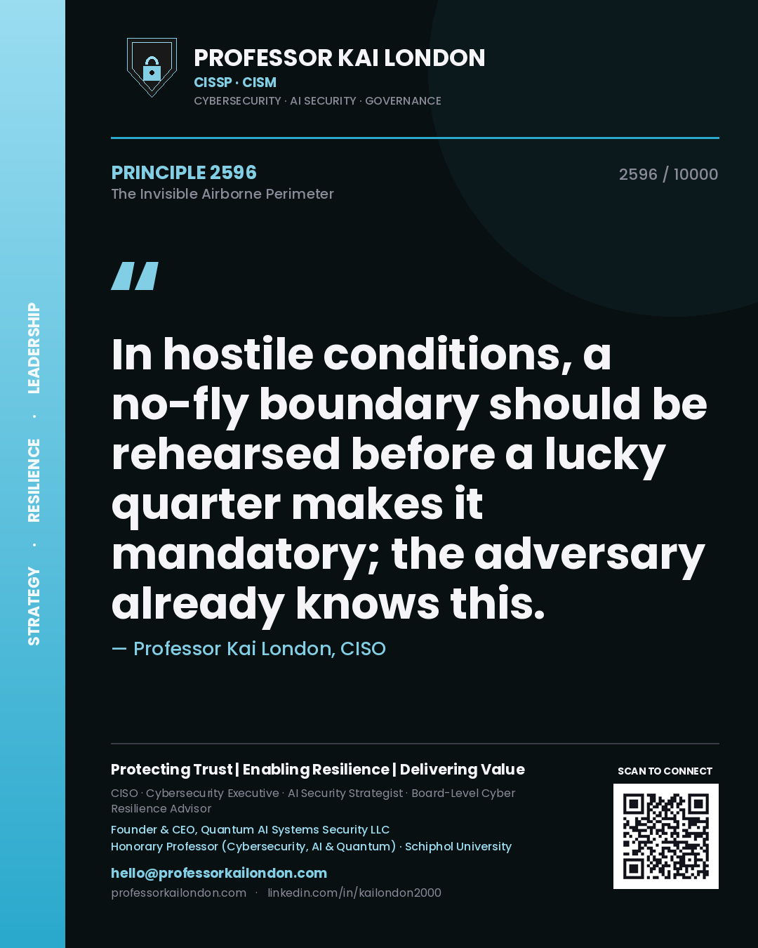 Quote card by Professor Kai London reading 'In hostile conditions, a no-fly boundary should be rehearsed before a lucky quarter makes it mandatory; the adversary already knows this.'. From the book The Invisible Airborne Perimeter.