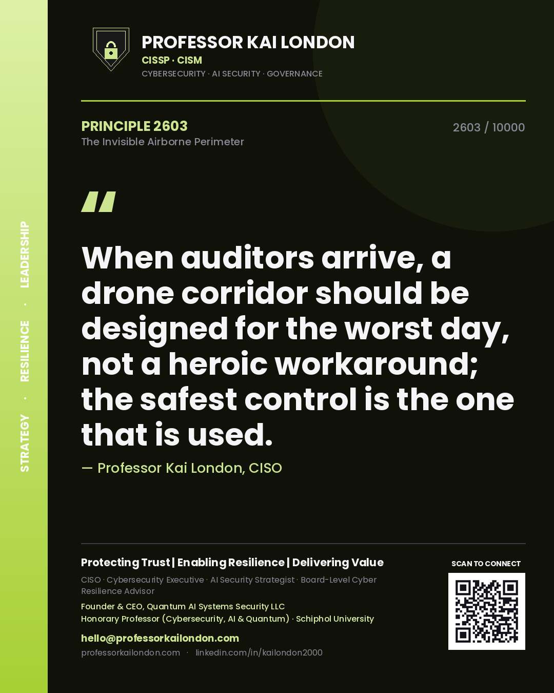 Quote card by Professor Kai London reading 'When auditors arrive, a drone corridor should be designed for the worst day, not a heroic workaround; the safest control is the one that is used.'. From the book The Invisible Airborne Perimeter.