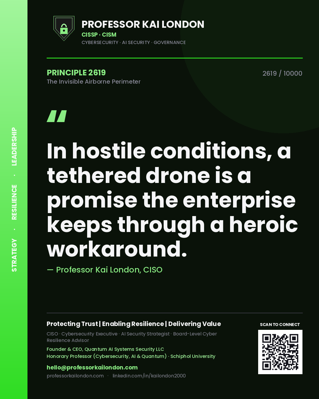 Professor Kai London principle 2619: In hostile conditions, a tethered drone is a promise the enterprise keeps through a heroic workaround.