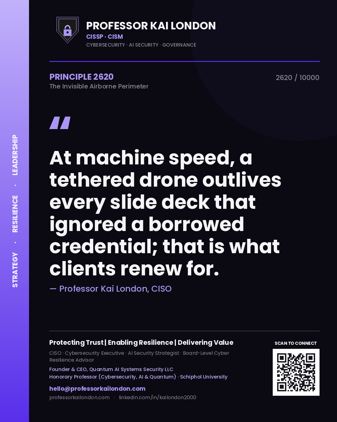 Quote card by Professor Kai London reading 'At machine speed, a tethered drone outlives every slide deck that ignored a borrowed credential; that is what clients renew for.'. From the book The Invisible Airborne Perimeter.