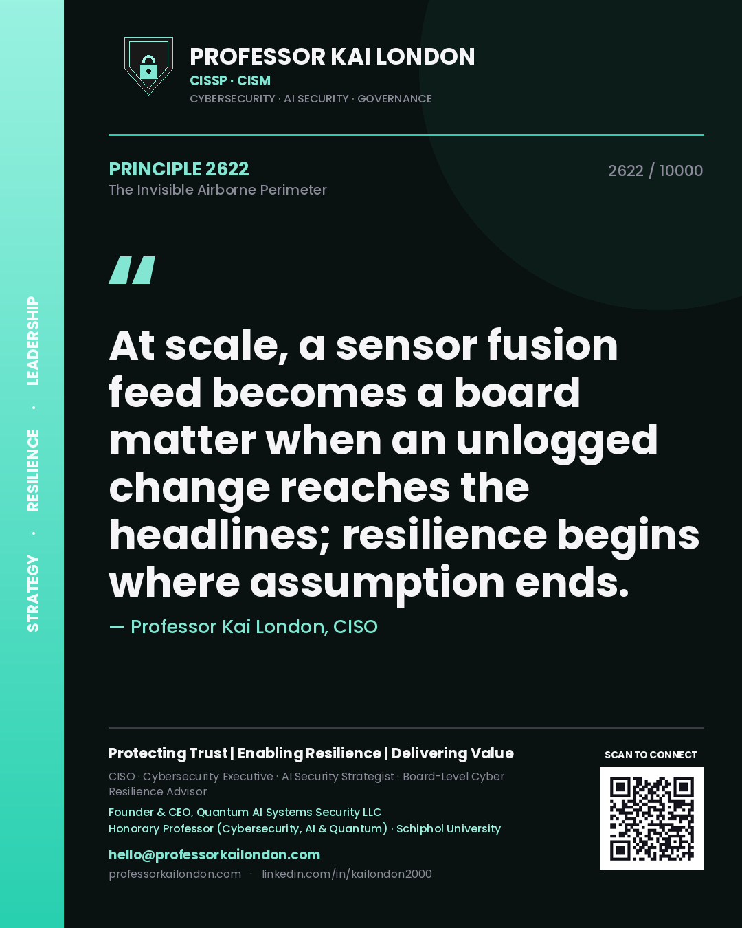 Quote card by Professor Kai London reading 'At scale, a sensor fusion feed becomes a board matter when an unlogged change reaches the headlines; resilience begins where assumption ends.'. From the book The Invisible Airborne Perimeter.