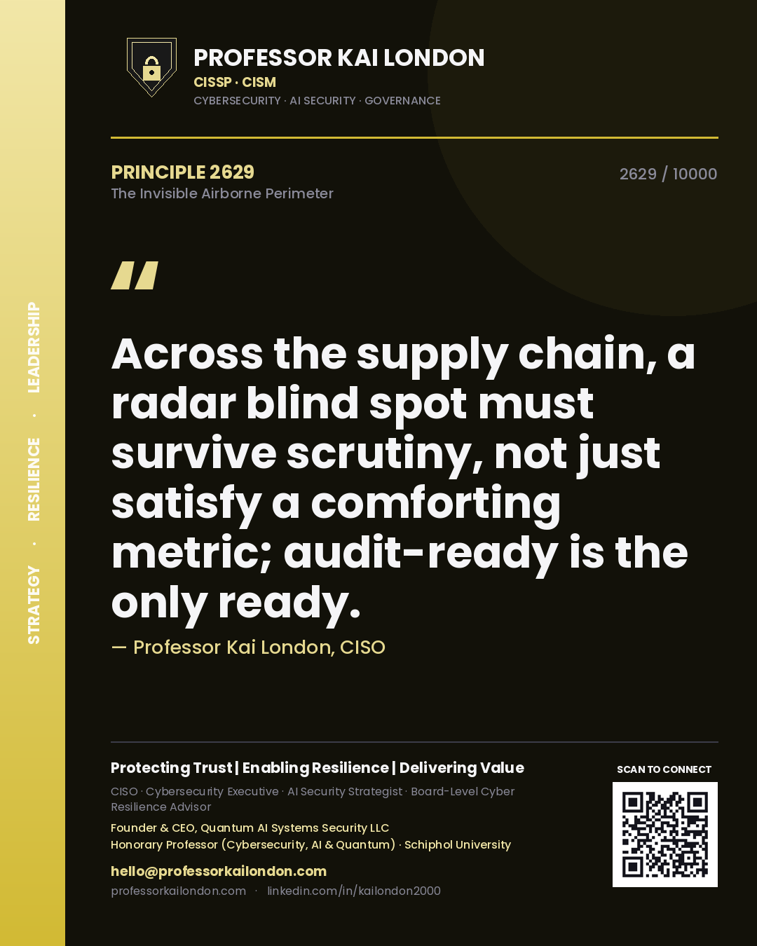 Professor Kai London principle 2629: Across the supply chain, a radar blind spot must survive scrutiny, not just satisfy a comforting metric; audit-ready is the only ready.