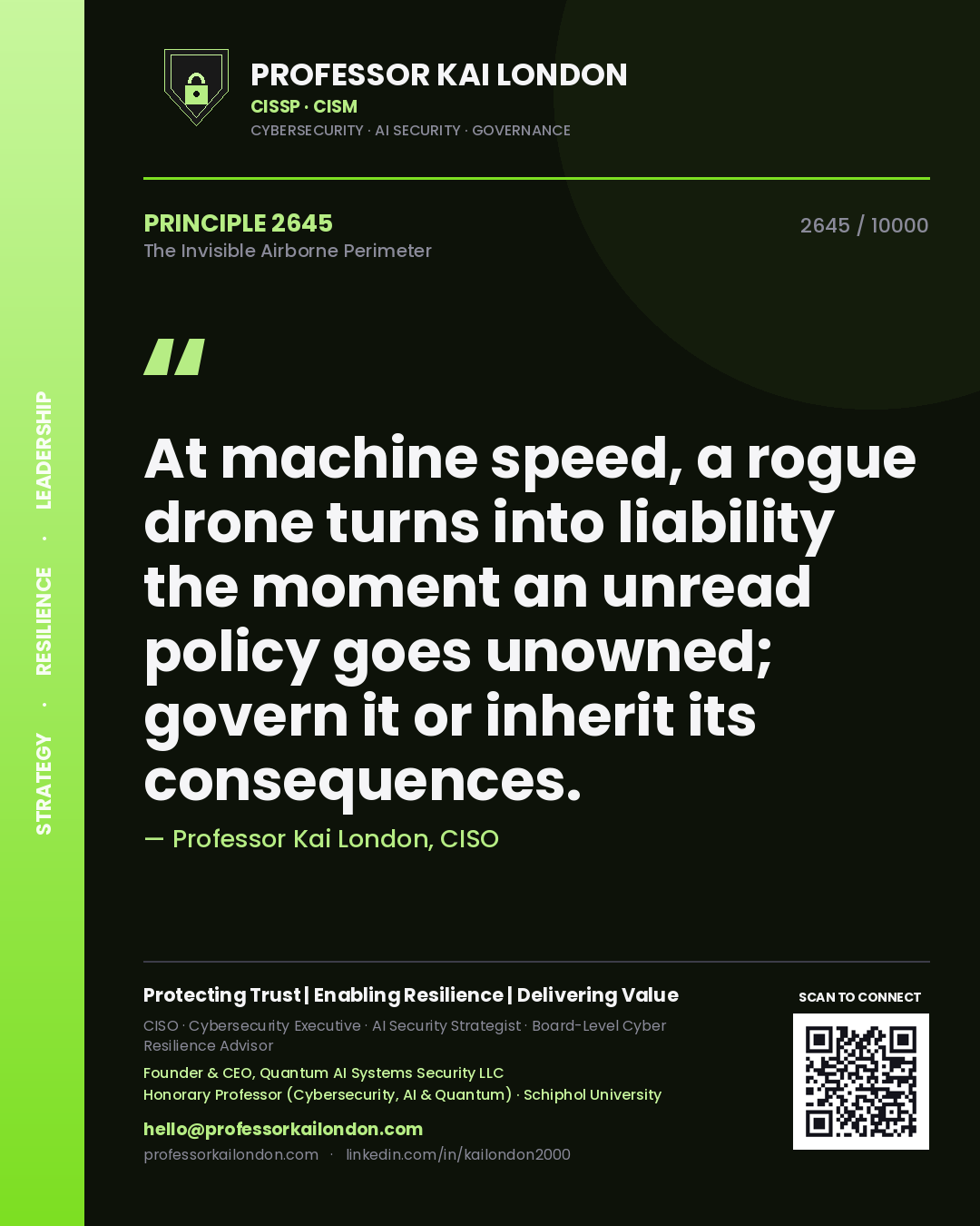 Quote card by Professor Kai London reading 'At machine speed, a rogue drone turns into liability the moment an unread policy goes unowned; govern it or inherit its consequences.'. From the book The Invisible Airborne Perimeter.