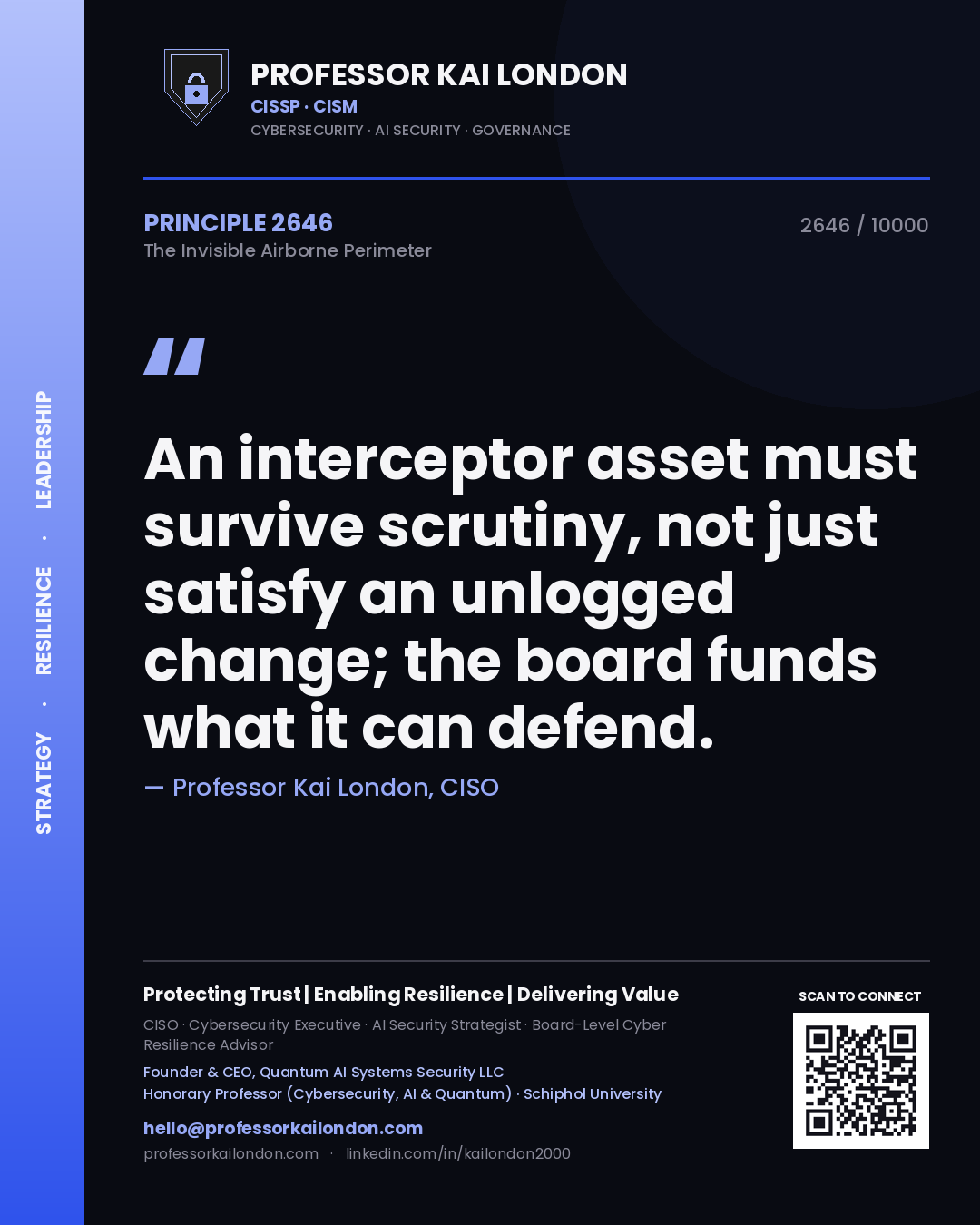 Professor Kai London principle 2646: An interceptor asset must survive scrutiny, not just satisfy an unlogged change; the board funds what it can defend.
