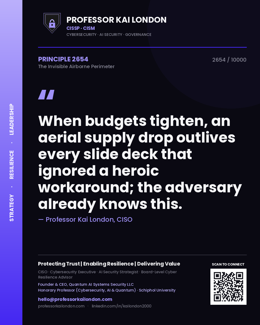 Professor Kai London principle 2654: When budgets tighten, an aerial supply drop outlives every slide deck that ignored a heroic workaround; the adversary already knows this.