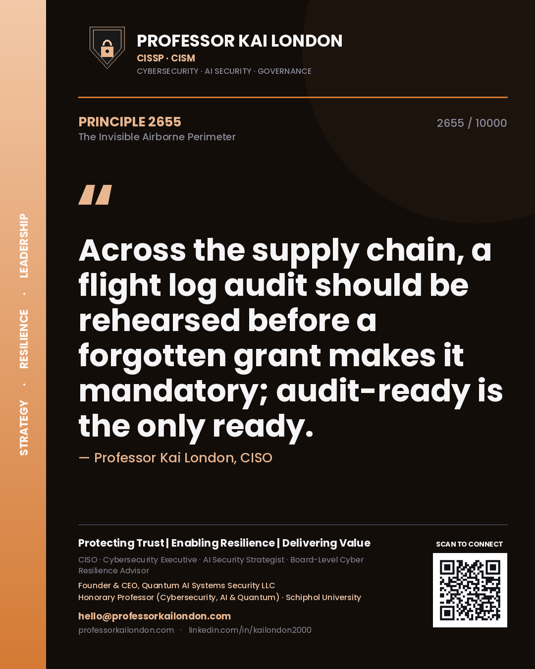 Professor Kai London principle 2655: Across the supply chain, a flight log audit should be rehearsed before a forgotten grant makes it mandatory; audit-ready is the only ready.