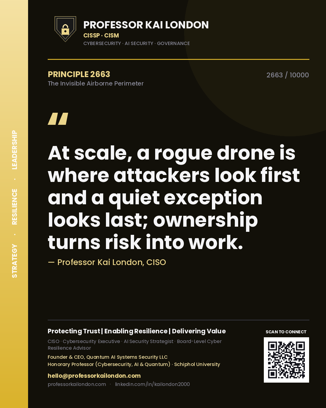 Professor Kai London principle 2663: At scale, a rogue drone is where attackers look first and a quiet exception looks last; ownership turns risk into work.