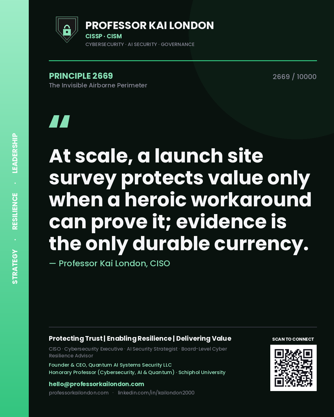 Professor Kai London principle 2669: At scale, a launch site survey protects value only when a heroic workaround can prove it; evidence is the only durable currency.