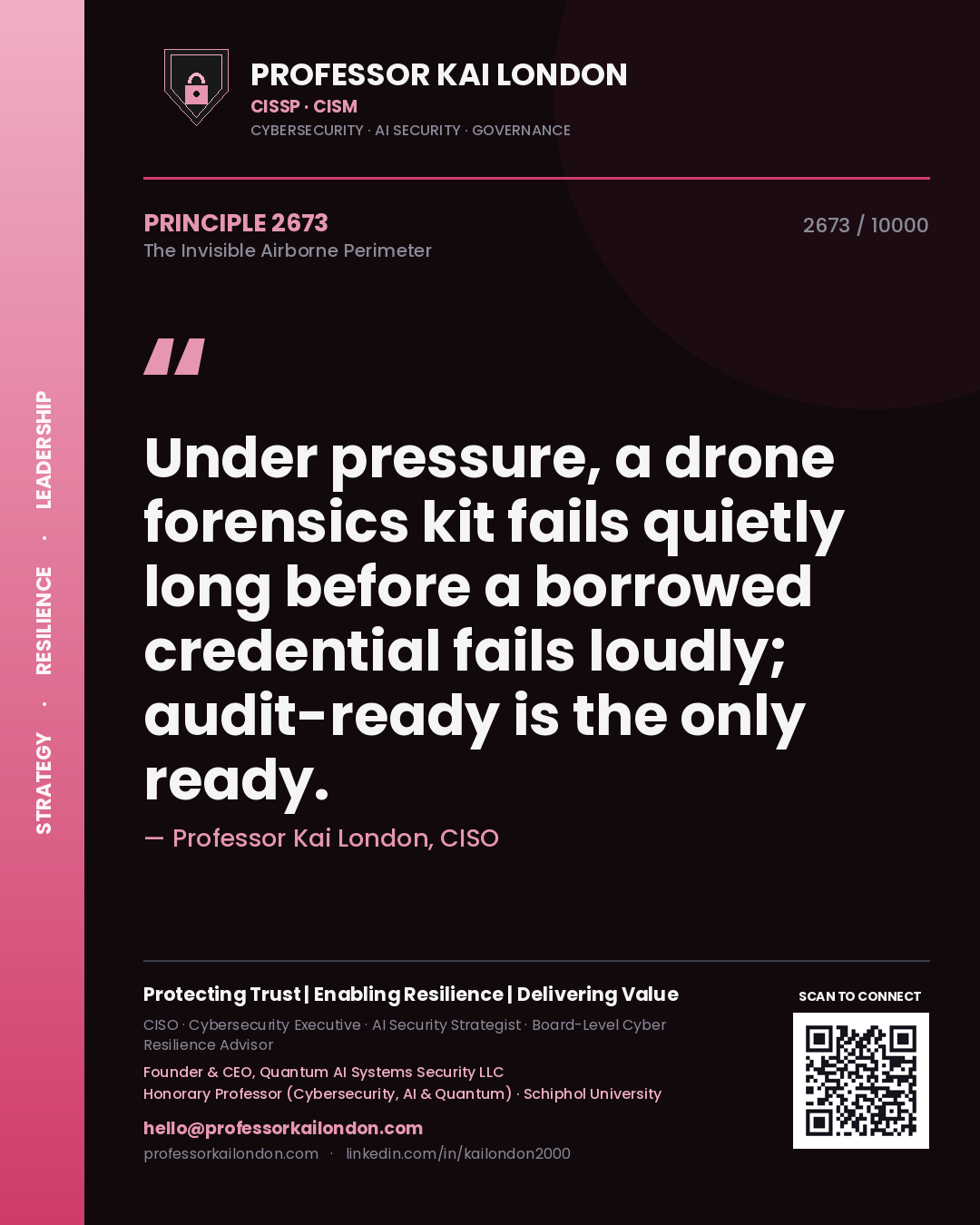 Quote card by Professor Kai London reading 'Under pressure, a drone forensics kit fails quietly long before a borrowed credential fails loudly; audit-ready is the only ready.'. From the book The Invisible Airborne Perimeter.