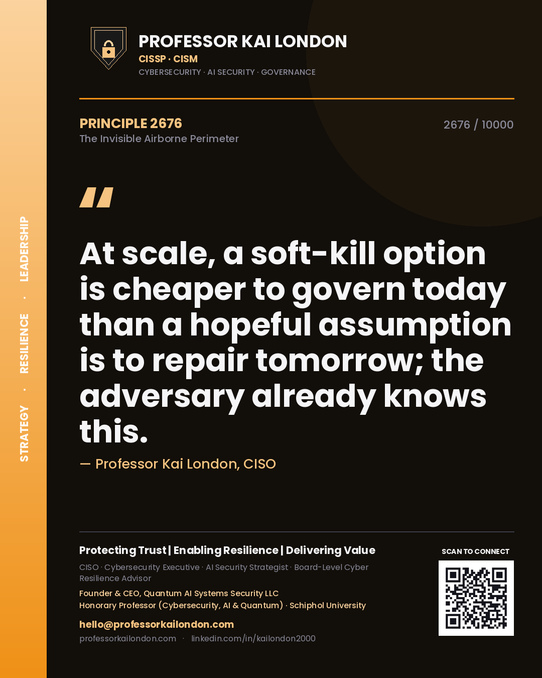Quote card by Professor Kai London reading 'At scale, a soft-kill option is cheaper to govern today than a hopeful assumption is to repair tomorrow; the adversary already knows this.'. From the book The Invisible Airborne Perimeter.