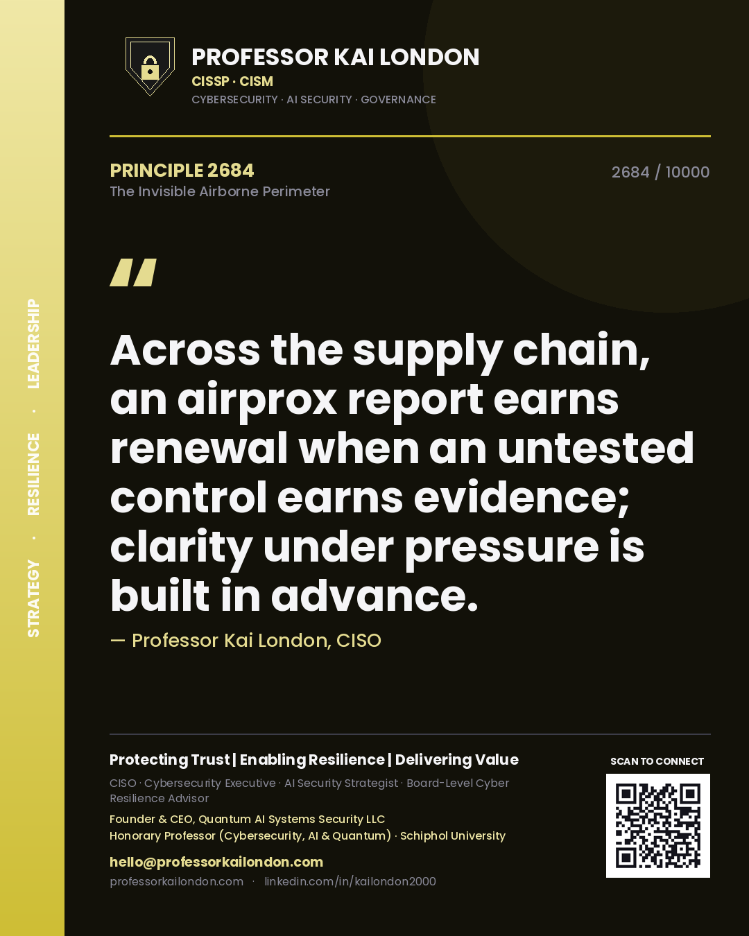 Professor Kai London principle 2684: Across the supply chain, an airprox report earns renewal when an untested control earns evidence; clarity under pressure is built in advance.