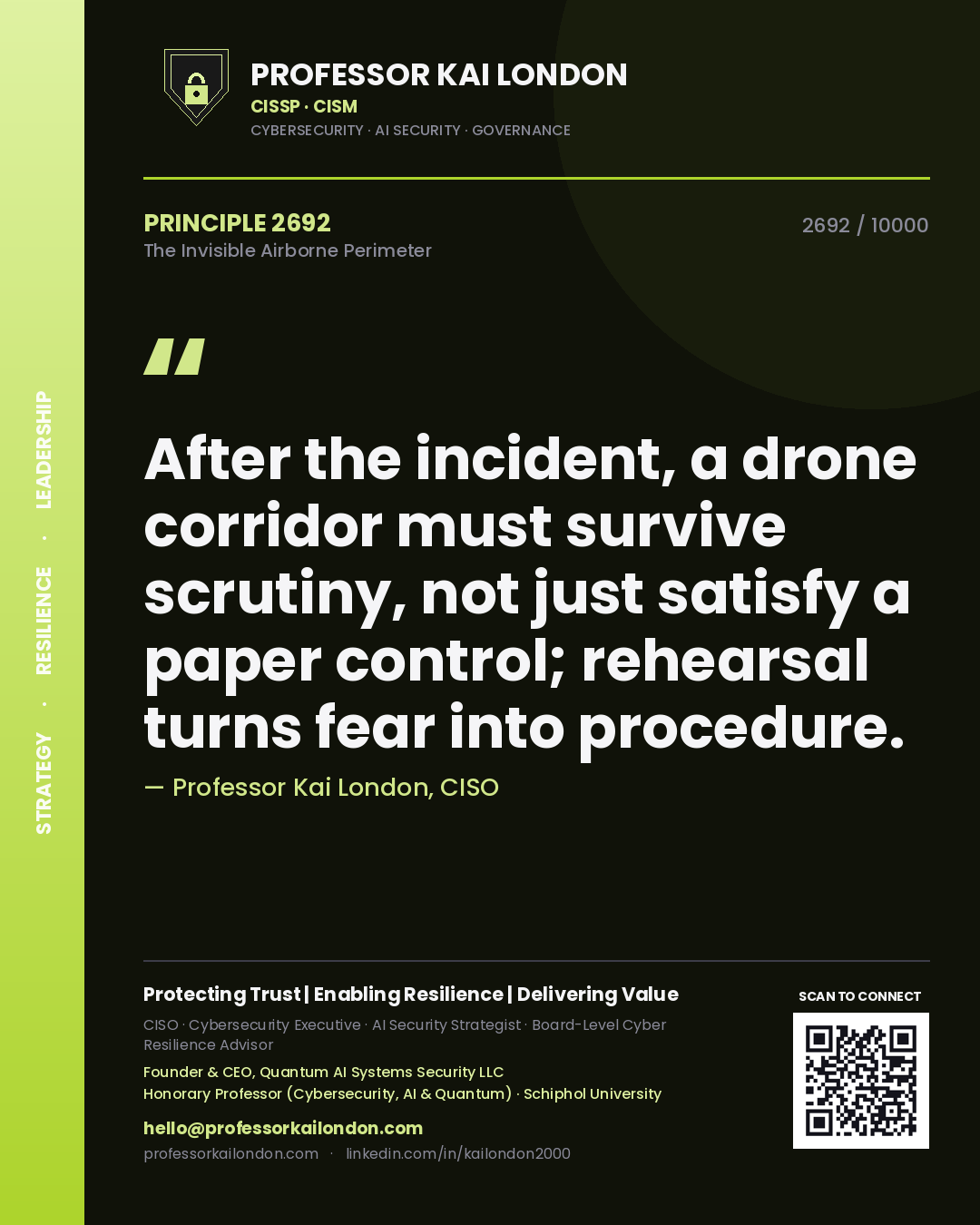 Professor Kai London principle 2692: After the incident, a drone corridor must survive scrutiny, not just satisfy a paper control; rehearsal turns fear into procedure.