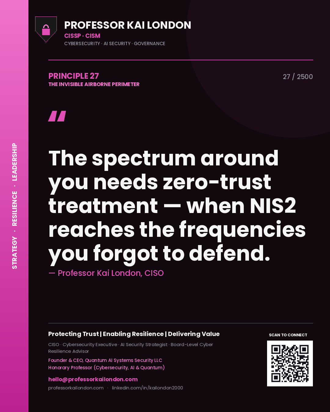 Professor Kai London principle 27: The spectrum around you needs zero-trust treatment — when NIS2 reaches the frequencies you forgot to defend.