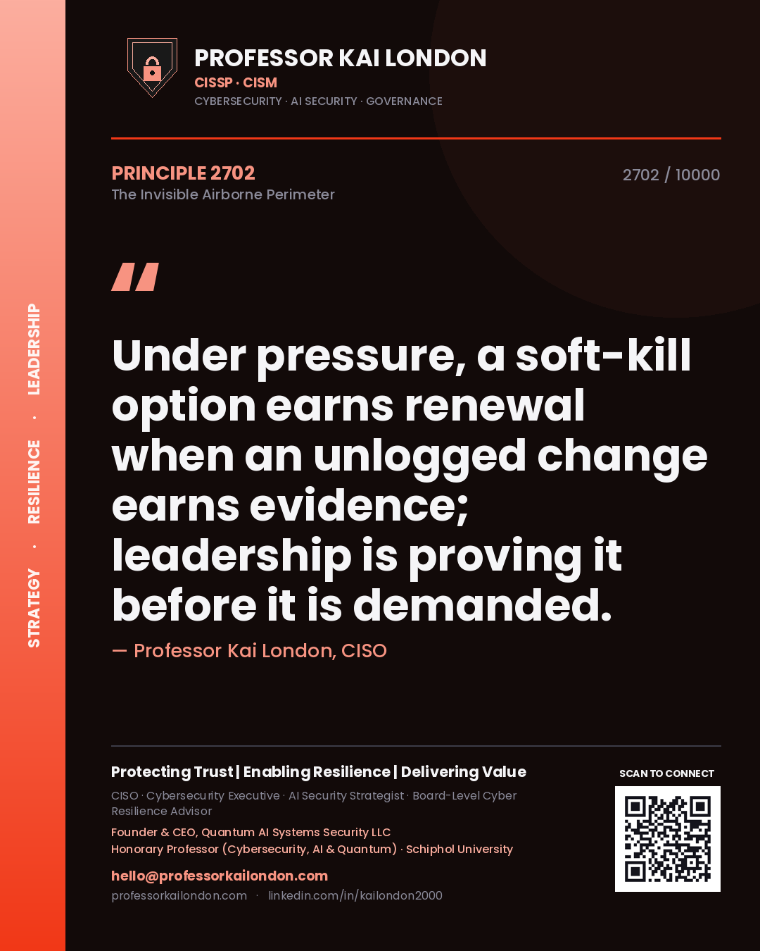 Quote card by Professor Kai London reading 'Under pressure, a soft-kill option earns renewal when an unlogged change earns evidence; leadership is proving it before it is demanded.'. From the book The Invisible Airborne Perimeter.