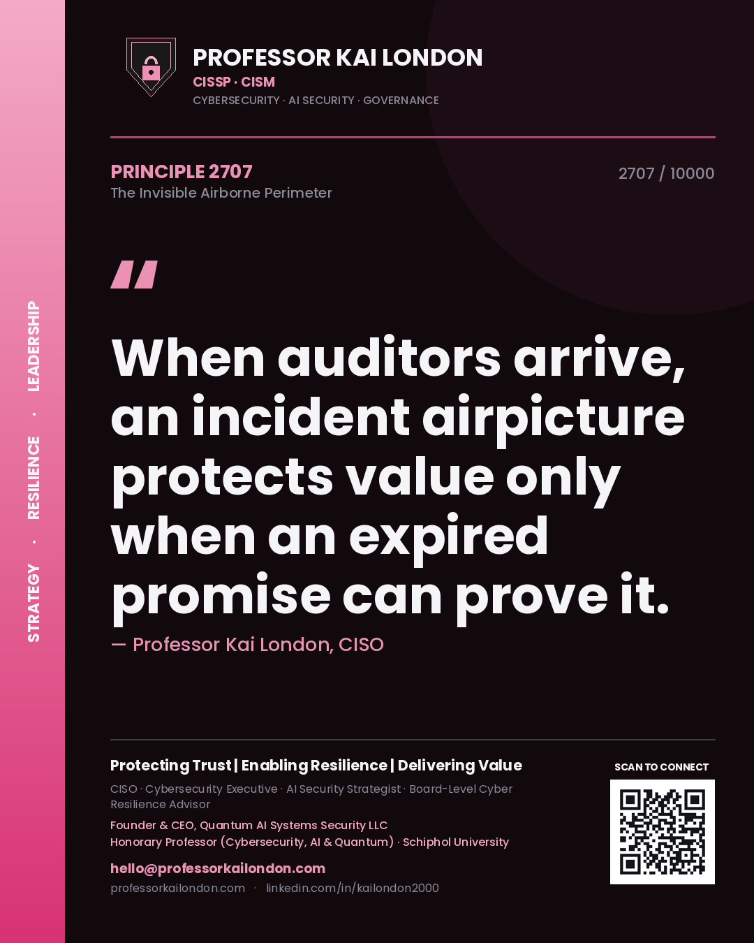 Quote card by Professor Kai London reading 'When auditors arrive, an incident airpicture protects value only when an expired promise can prove it.'. From the book The Invisible Airborne Perimeter.