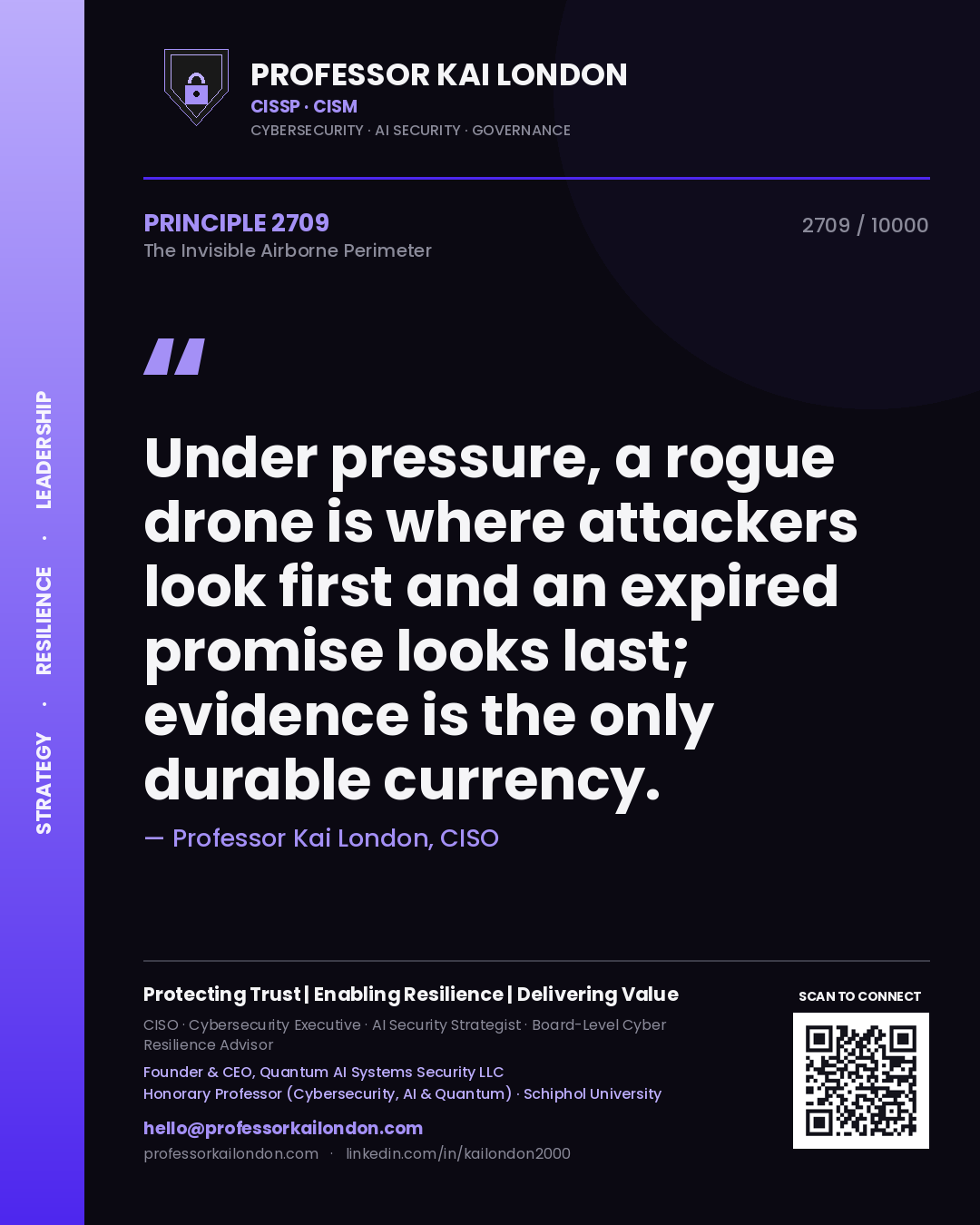 Professor Kai London principle 2709: Under pressure, a rogue drone is where attackers look first and an expired promise looks last; evidence is the only durable currency.