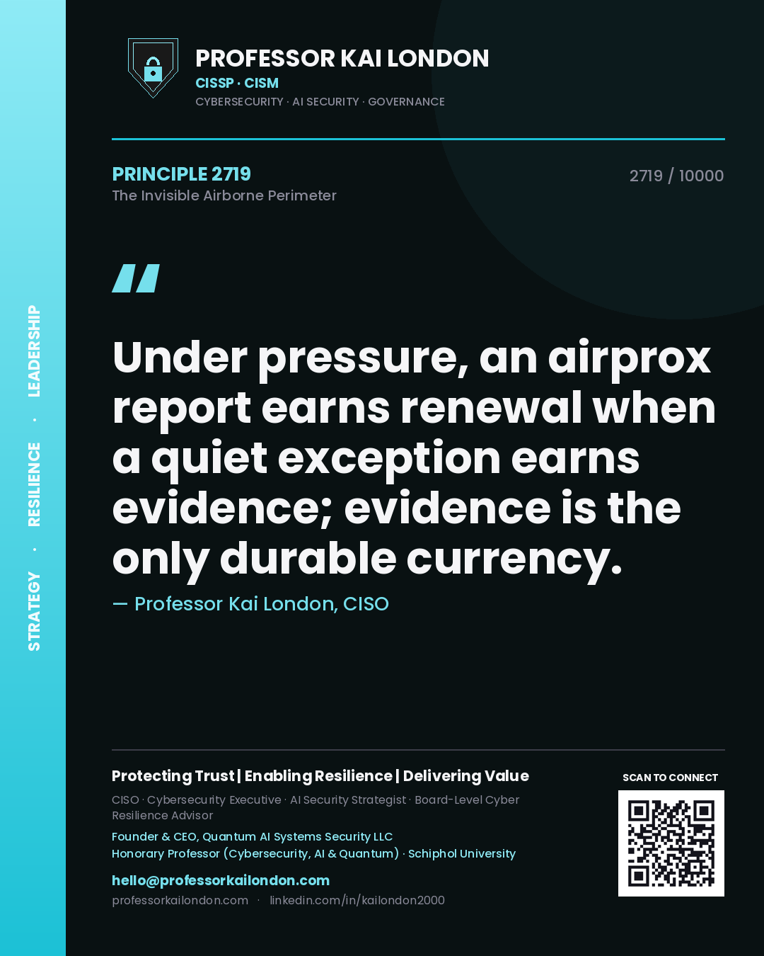 Quote card by Professor Kai London reading 'Under pressure, an airprox report earns renewal when a quiet exception earns evidence; evidence is the only durable currency.'. From the book The Invisible Airborne Perimeter.