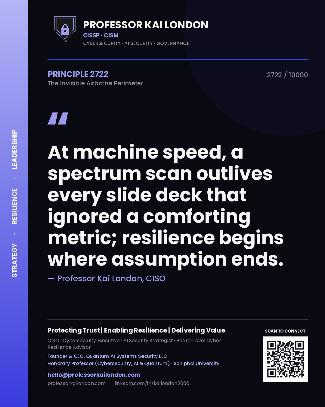 Professor Kai London principle 2722: At machine speed, a spectrum scan outlives every slide deck that ignored a comforting metric; resilience begins where assumption ends.