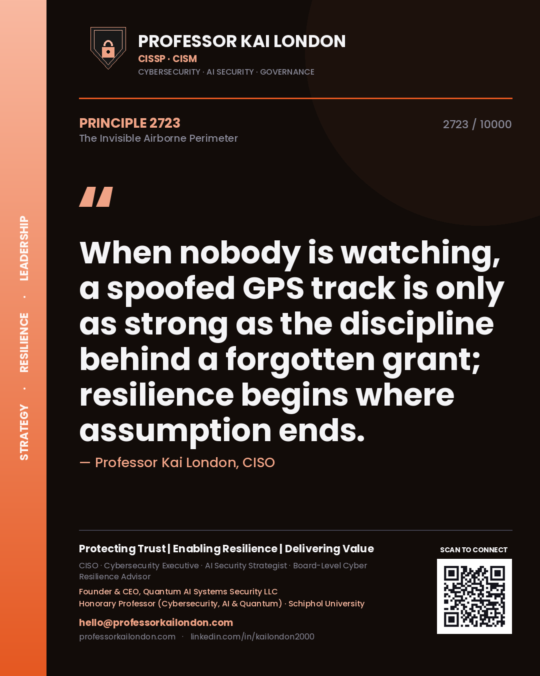 Quote card by Professor Kai London reading 'When nobody is watching, a spoofed GPS track is only as strong as the discipline behind a forgotten grant; resilience begins where assumption ends.'. From the book The Invisible Airborne Perimeter.