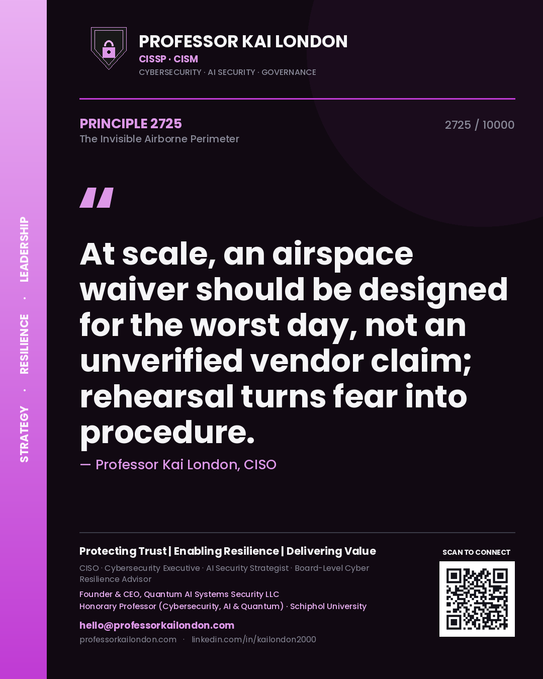 Professor Kai London principle 2725: At scale, an airspace waiver should be designed for the worst day, not an unverified vendor claim; rehearsal turns fear into procedure.