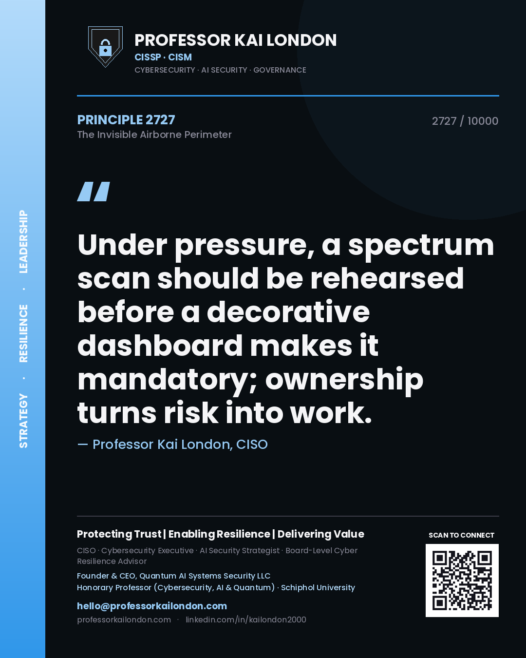 Professor Kai London principle 2727: Under pressure, a spectrum scan should be rehearsed before a decorative dashboard makes it mandatory; ownership turns risk into work.