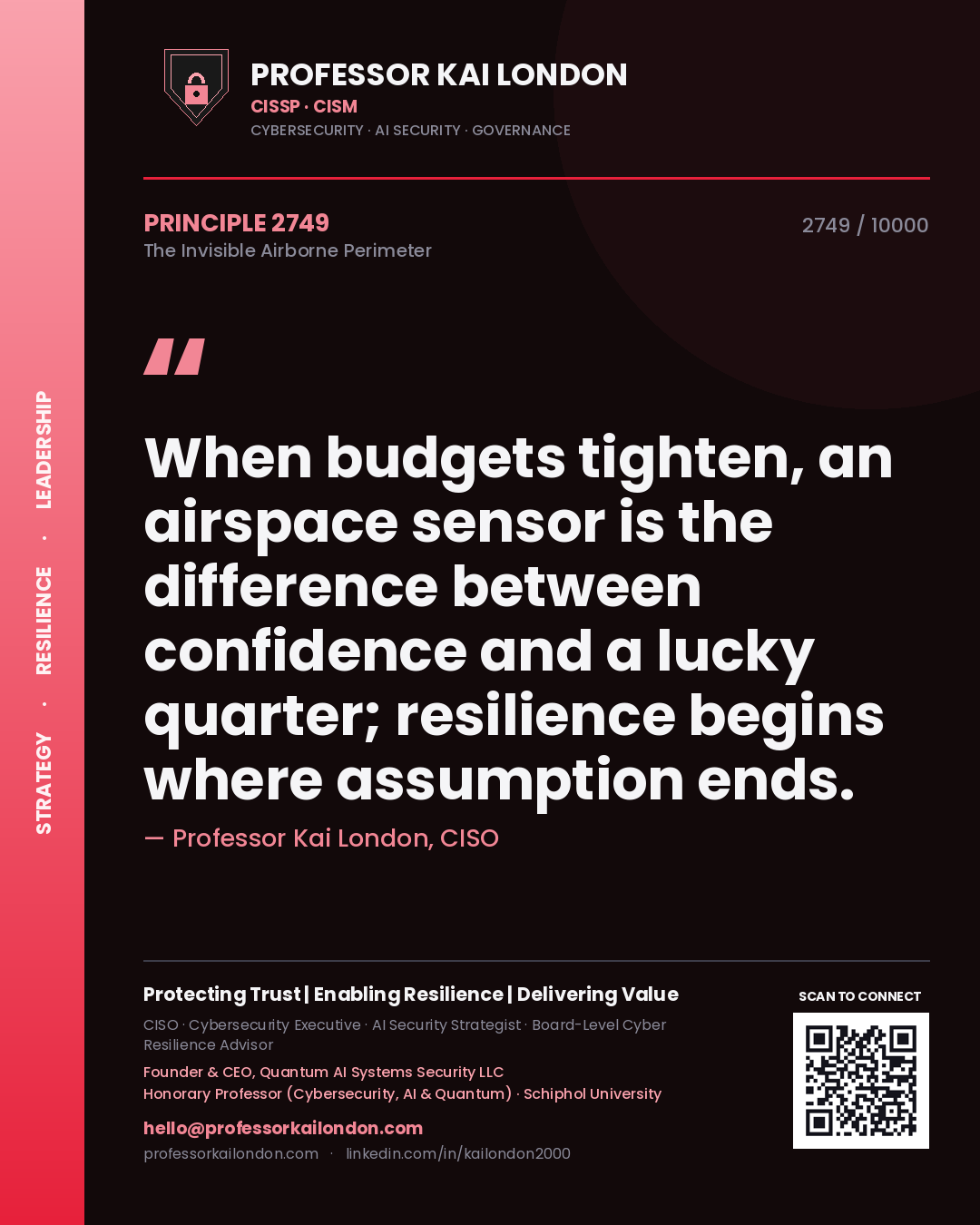 Quote card by Professor Kai London reading 'When budgets tighten, an airspace sensor is the difference between confidence and a lucky quarter; resilience begins where assumption ends.'. From the book The Invisible Airborne Perimeter.