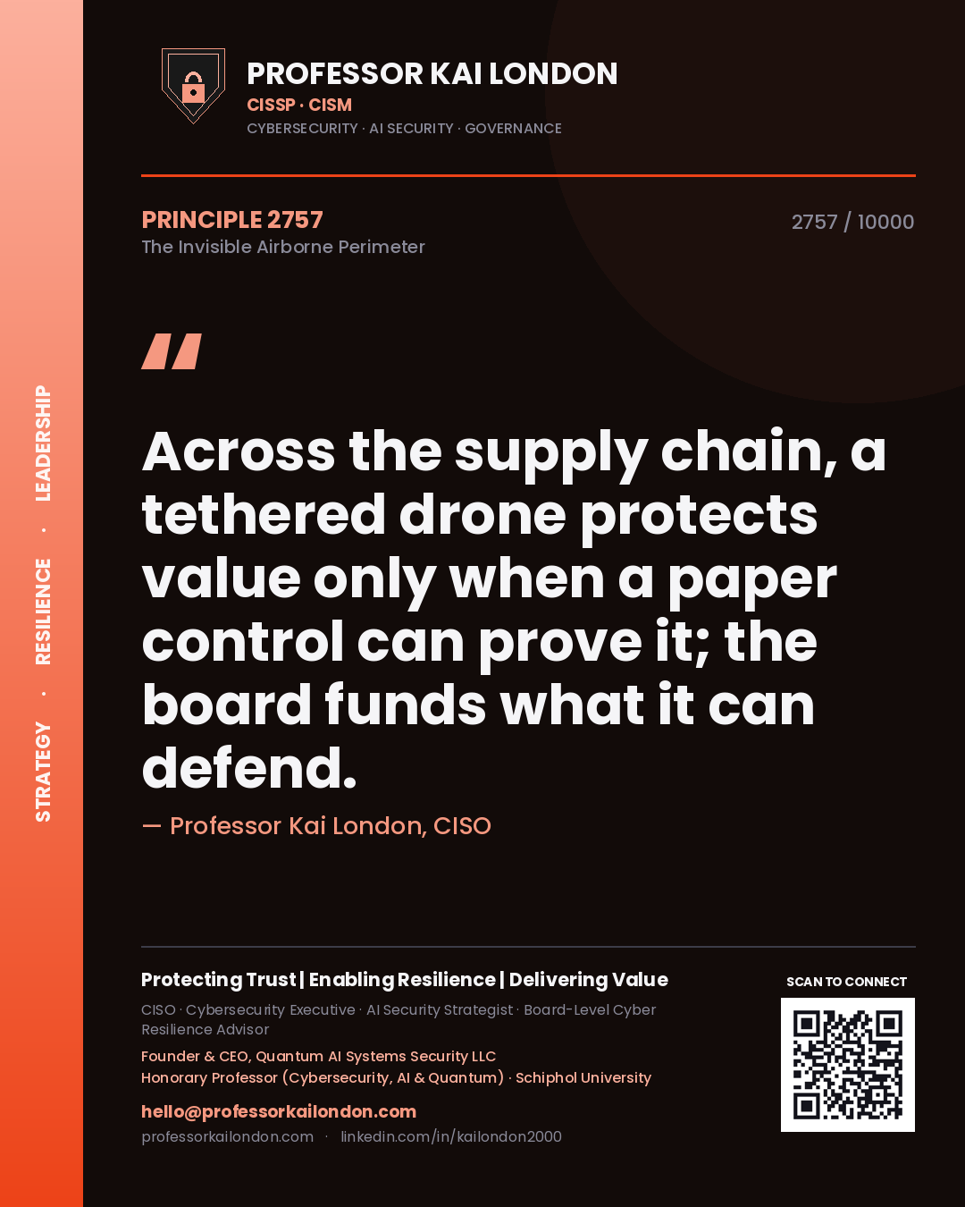 Quote card by Professor Kai London reading 'Across the supply chain, a tethered drone protects value only when a paper control can prove it; the board funds what it can defend.'. From the book The Invisible Airborne Perimeter.