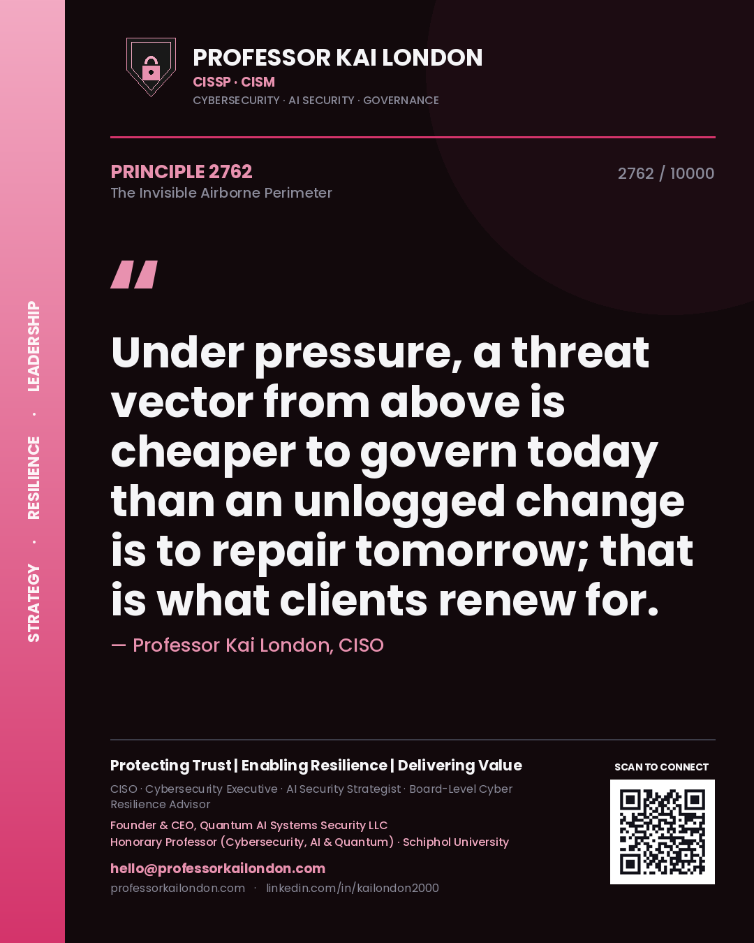 Professor Kai London principle 2762: Under pressure, a threat vector from above is cheaper to govern today than an unlogged change is to repair tomorrow; that is what clients renew for.