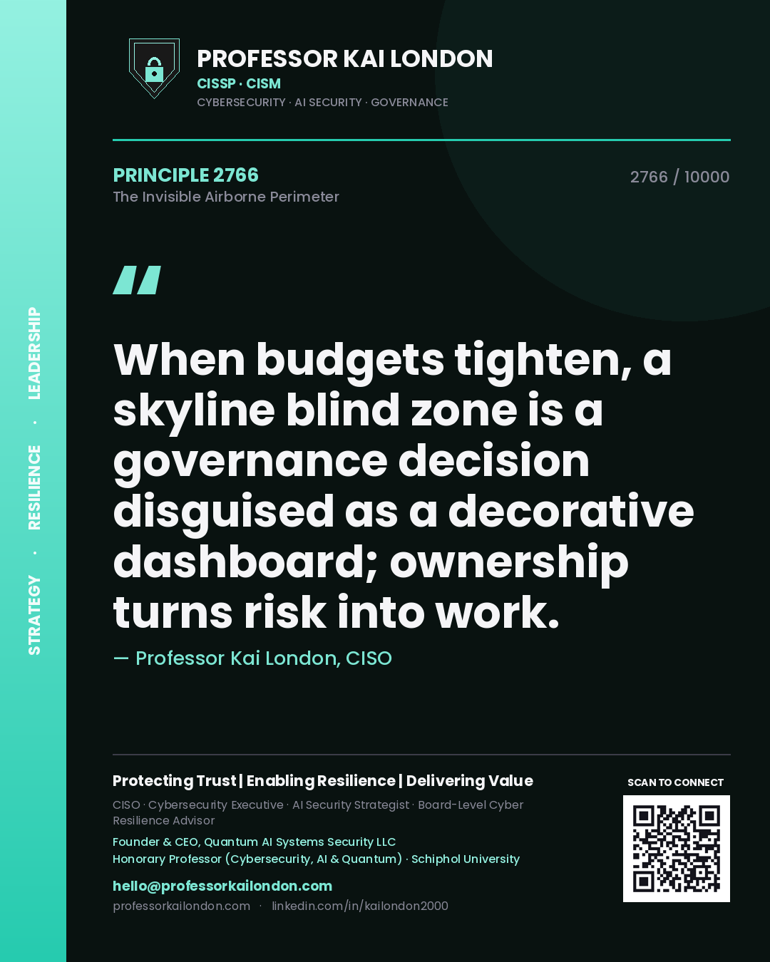 Professor Kai London principle 2766: When budgets tighten, a skyline blind zone is a governance decision disguised as a decorative dashboard; ownership turns risk into work.