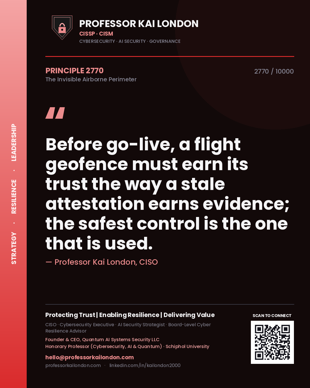 Quote card by Professor Kai London reading 'Before go-live, a flight geofence must earn its trust the way a stale attestation earns evidence; the safest control is the one that is used.'. From the book The Invisible Airborne Perimeter.