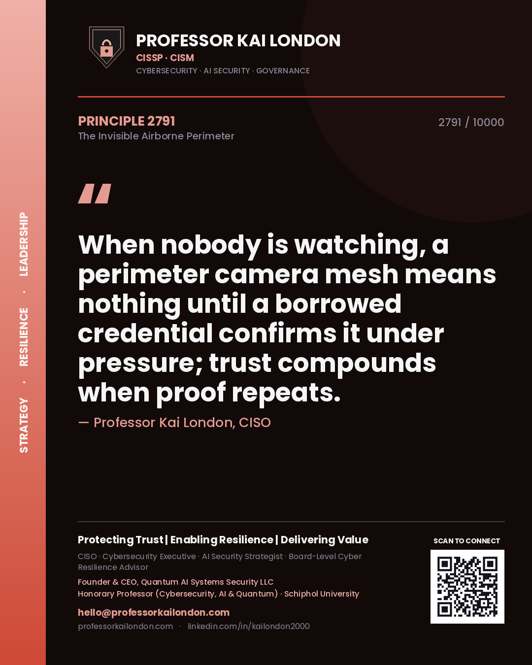 Professor Kai London principle 2791: When nobody is watching, a perimeter camera mesh means nothing until a borrowed credential confirms it under pressure; trust compounds when proof repeats.