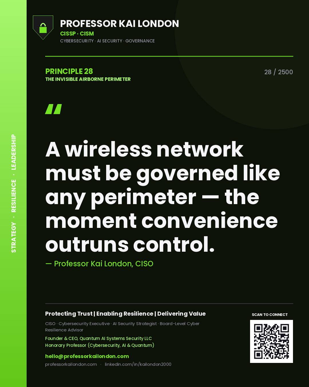 Professor Kai London principle 28: A wireless network must be governed like any perimeter — the moment convenience outruns control.