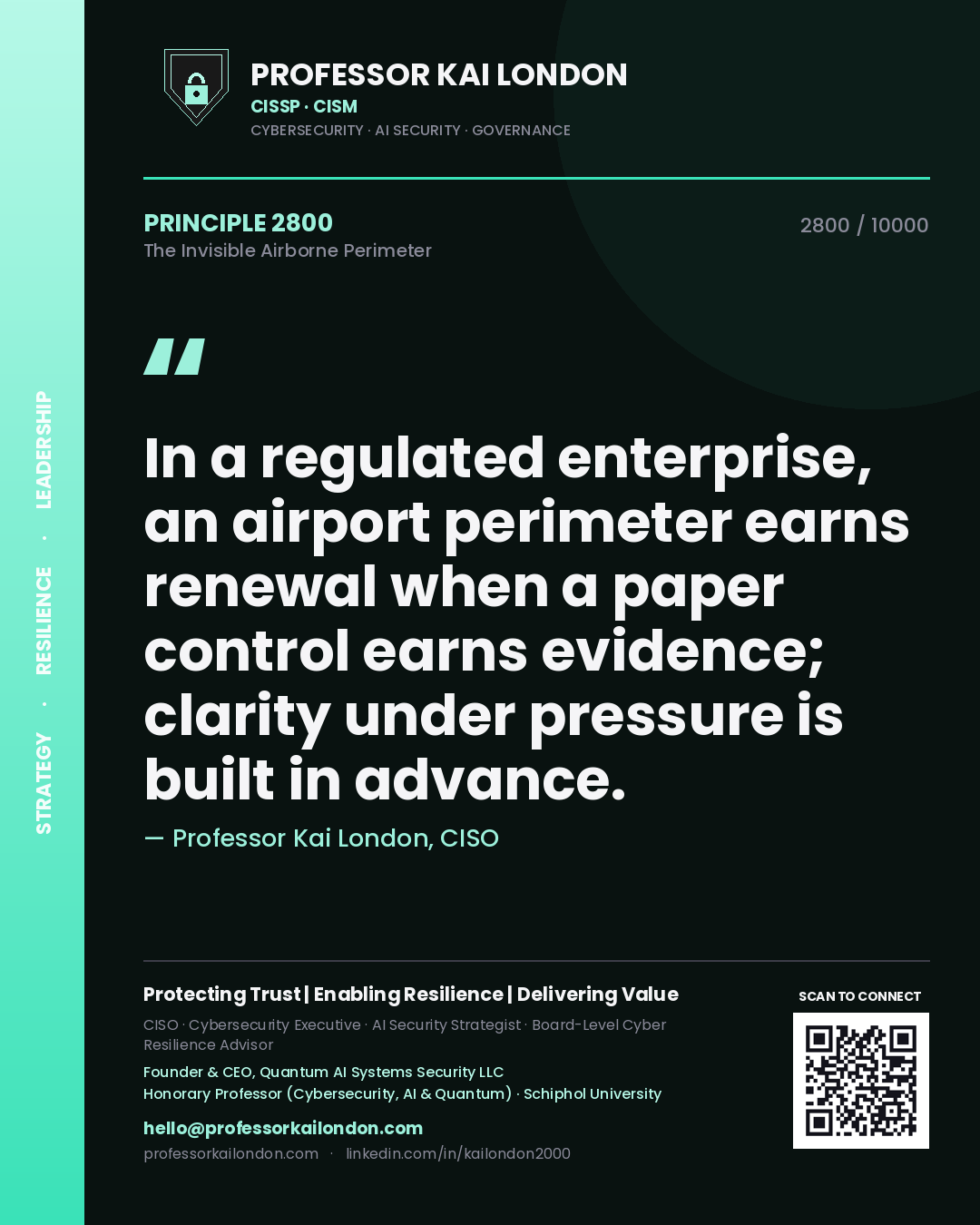 Quote card by Professor Kai London reading 'In a regulated enterprise, an airport perimeter earns renewal when a paper control earns evidence; clarity under pressure is built in advance.'. From the book The Invisible Airborne Perimeter.