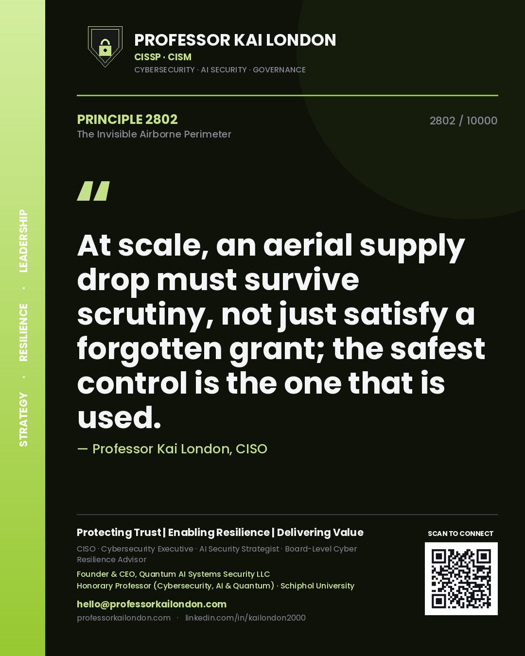 Quote card by Professor Kai London reading 'At scale, an aerial supply drop must survive scrutiny, not just satisfy a forgotten grant; the safest control is the one that is used.'. From the book The Invisible Airborne Perimeter.