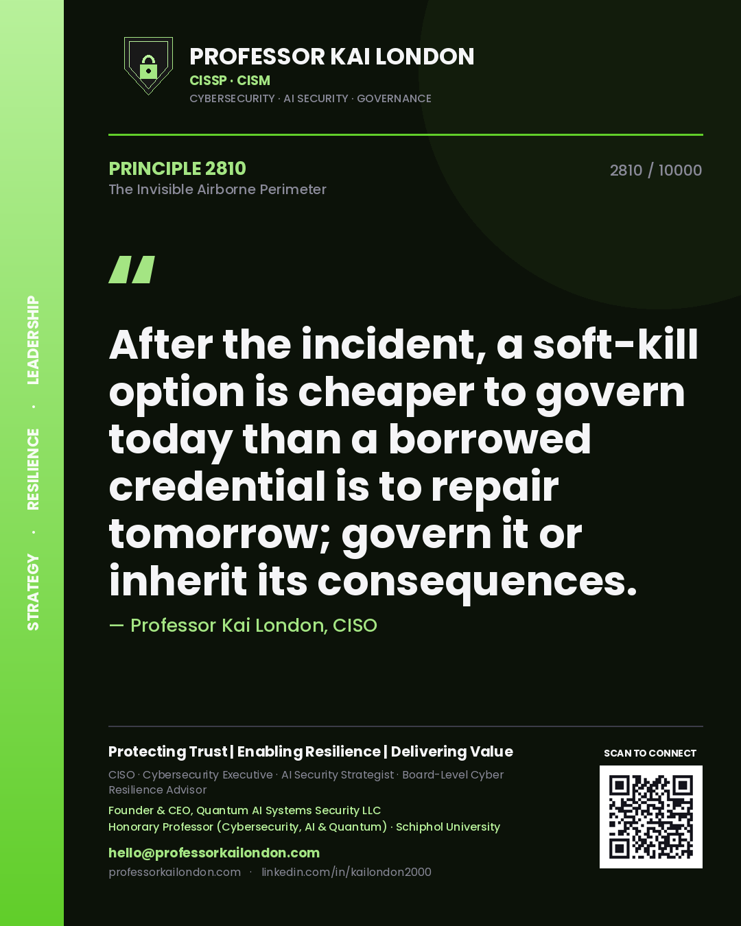 Professor Kai London principle 2810: After the incident, a soft-kill option is cheaper to govern today than a borrowed credential is to repair tomorrow; govern it or inherit its consequences.