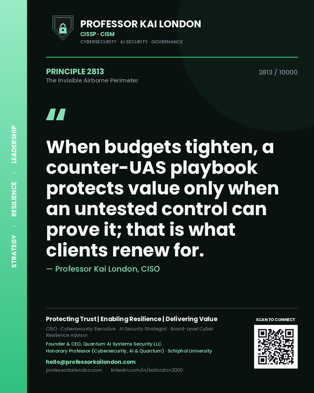 Professor Kai London principle 2813: When budgets tighten, a counter-UAS playbook protects value only when an untested control can prove it; that is what clients renew for.