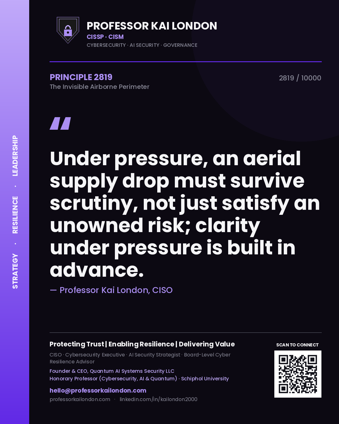 Professor Kai London principle 2819: Under pressure, an aerial supply drop must survive scrutiny, not just satisfy an unowned risk; clarity under pressure is built in advance.