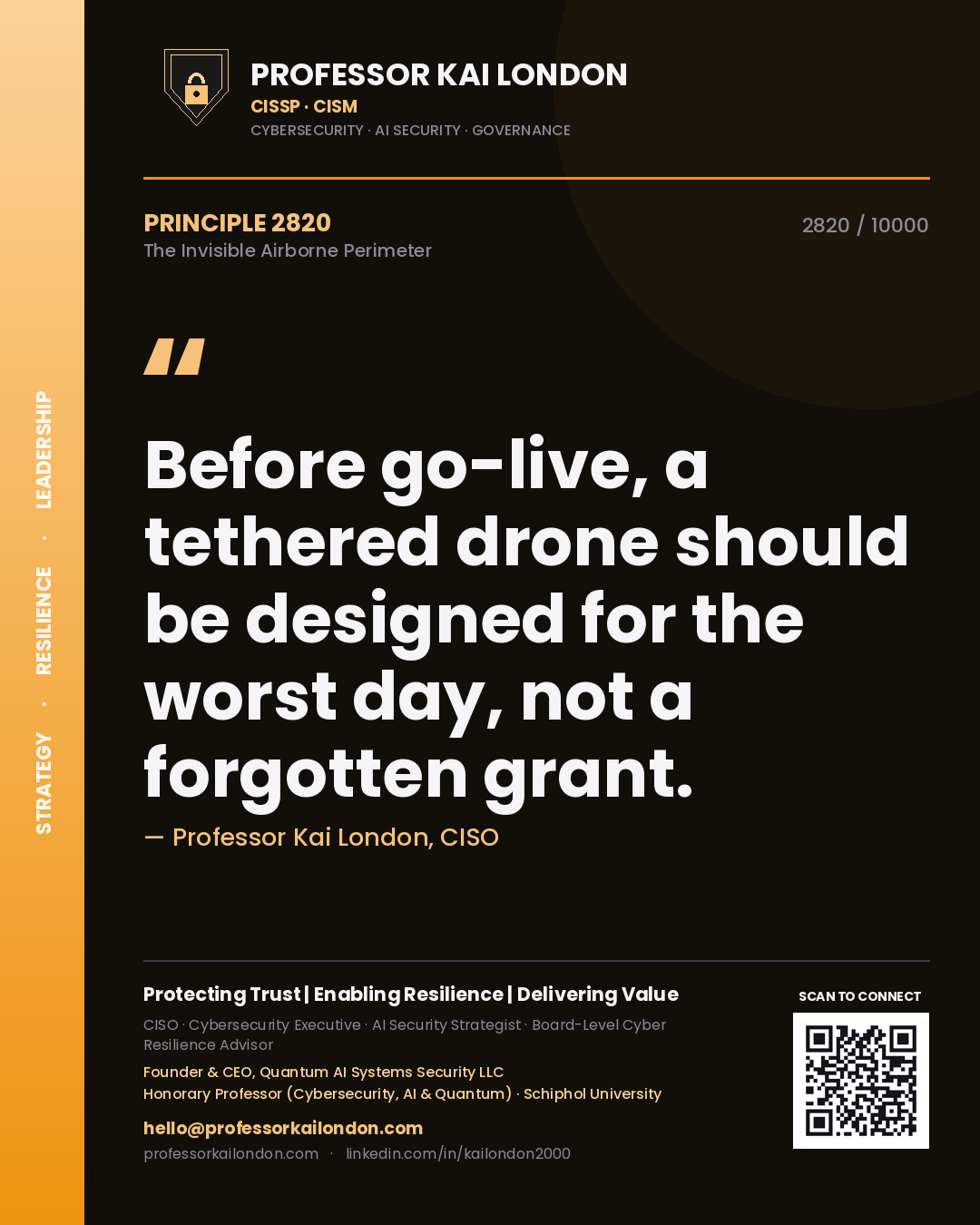 Professor Kai London principle 2820: Before go-live, a tethered drone should be designed for the worst day, not a forgotten grant.