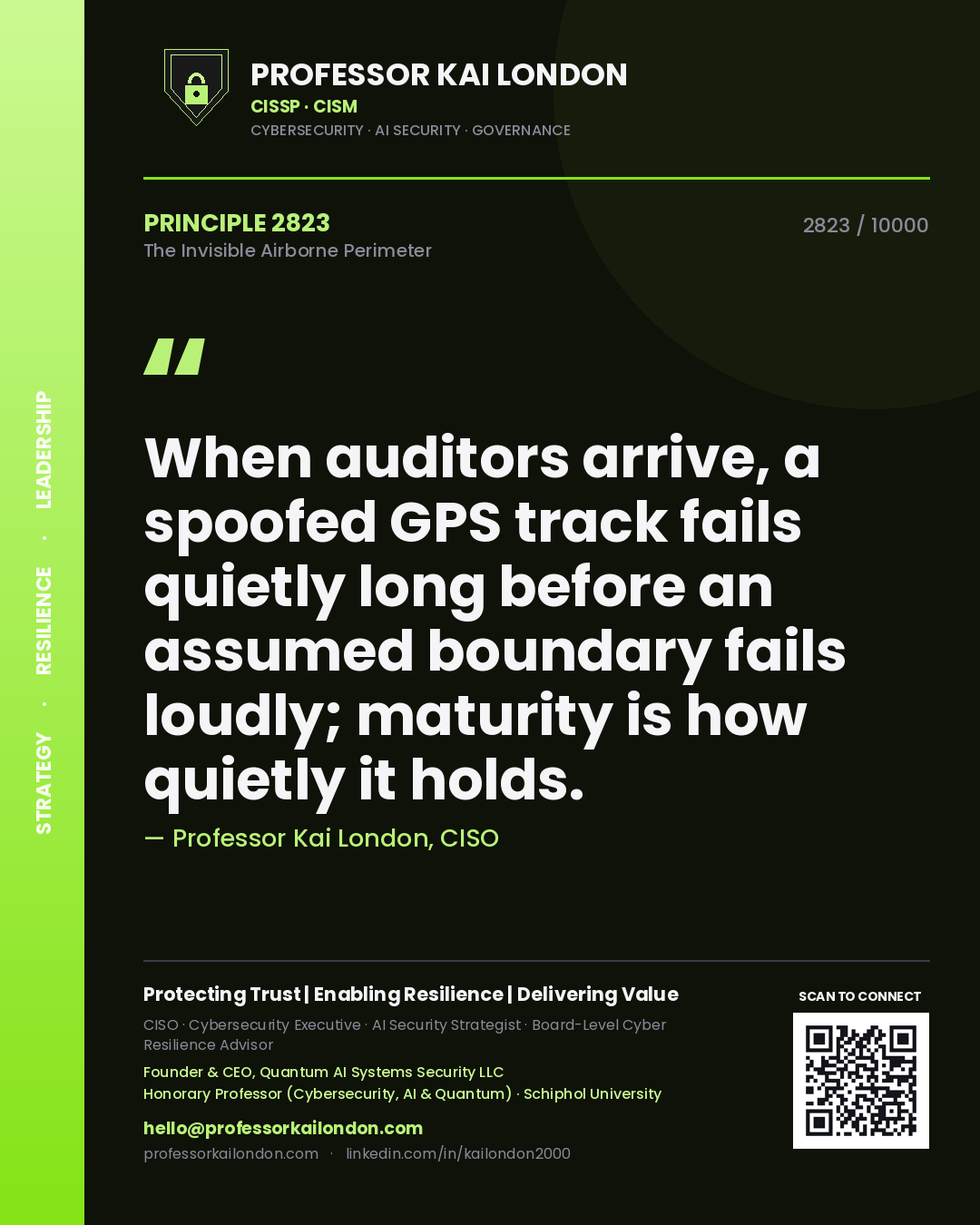 Professor Kai London principle 2823: When auditors arrive, a spoofed GPS track fails quietly long before an assumed boundary fails loudly; maturity is how quietly it holds.