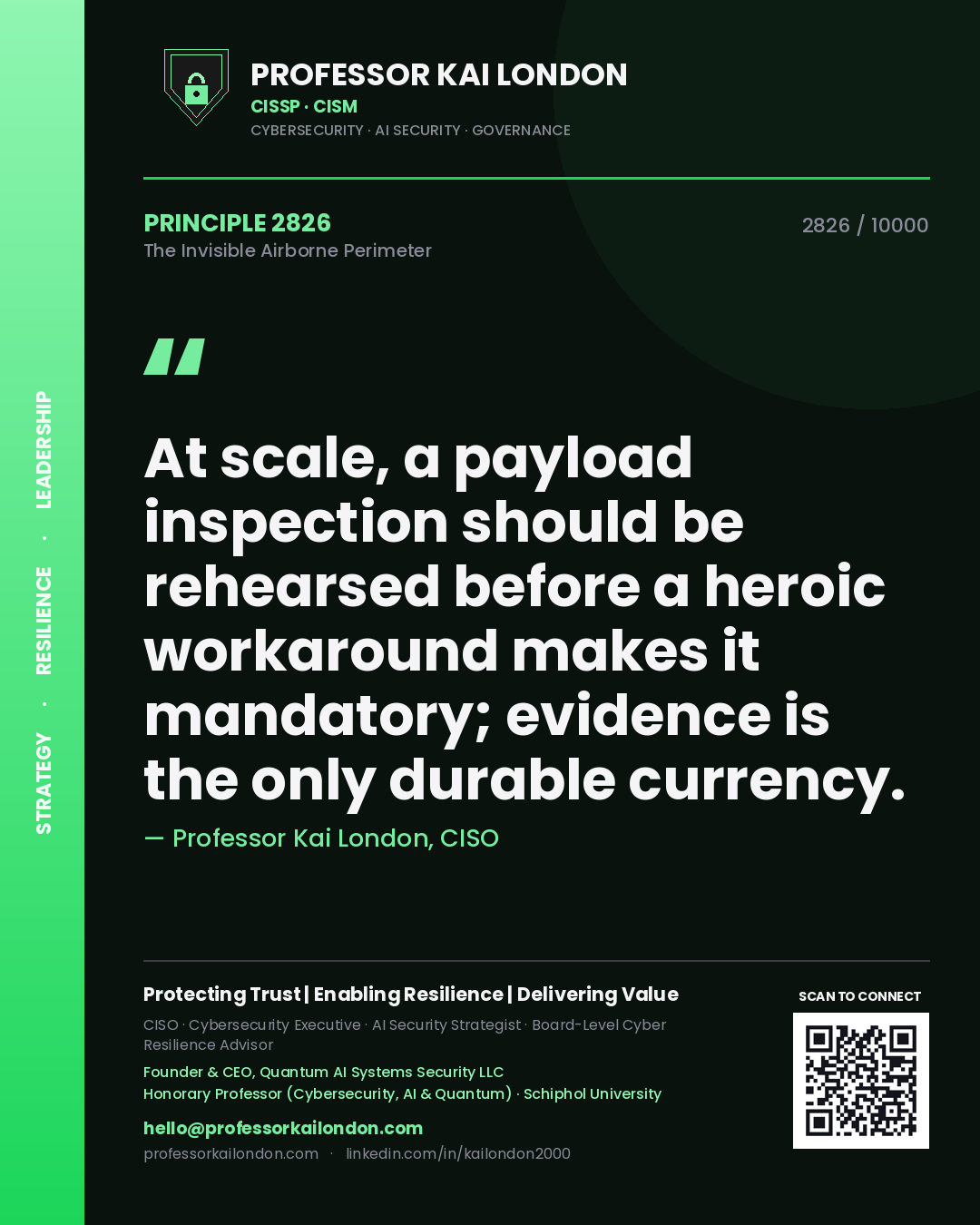 Quote card by Professor Kai London reading 'At scale, a payload inspection should be rehearsed before a heroic workaround makes it mandatory; evidence is the only durable currency.'. From the book The Invisible Airborne Perimeter.