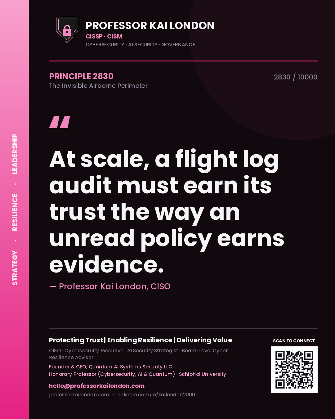 Professor Kai London principle 2830: At scale, a flight log audit must earn its trust the way an unread policy earns evidence.