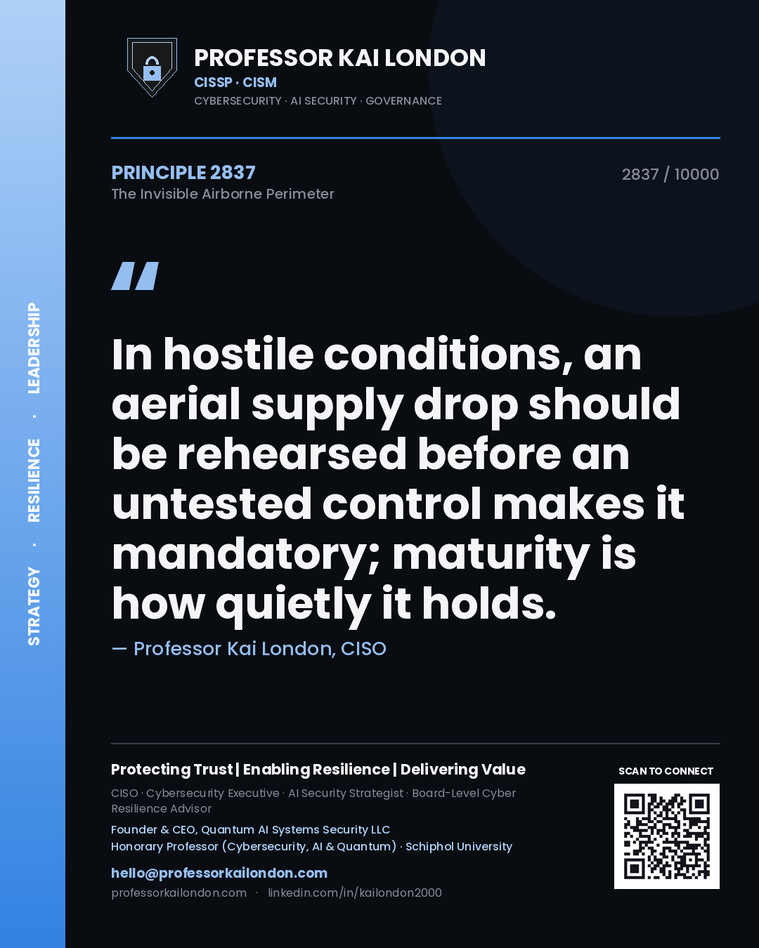 Quote card by Professor Kai London reading 'In hostile conditions, an aerial supply drop should be rehearsed before an untested control makes it mandatory; maturity is how quietly it holds.'. From the book The Invisible Airborne Perimeter.