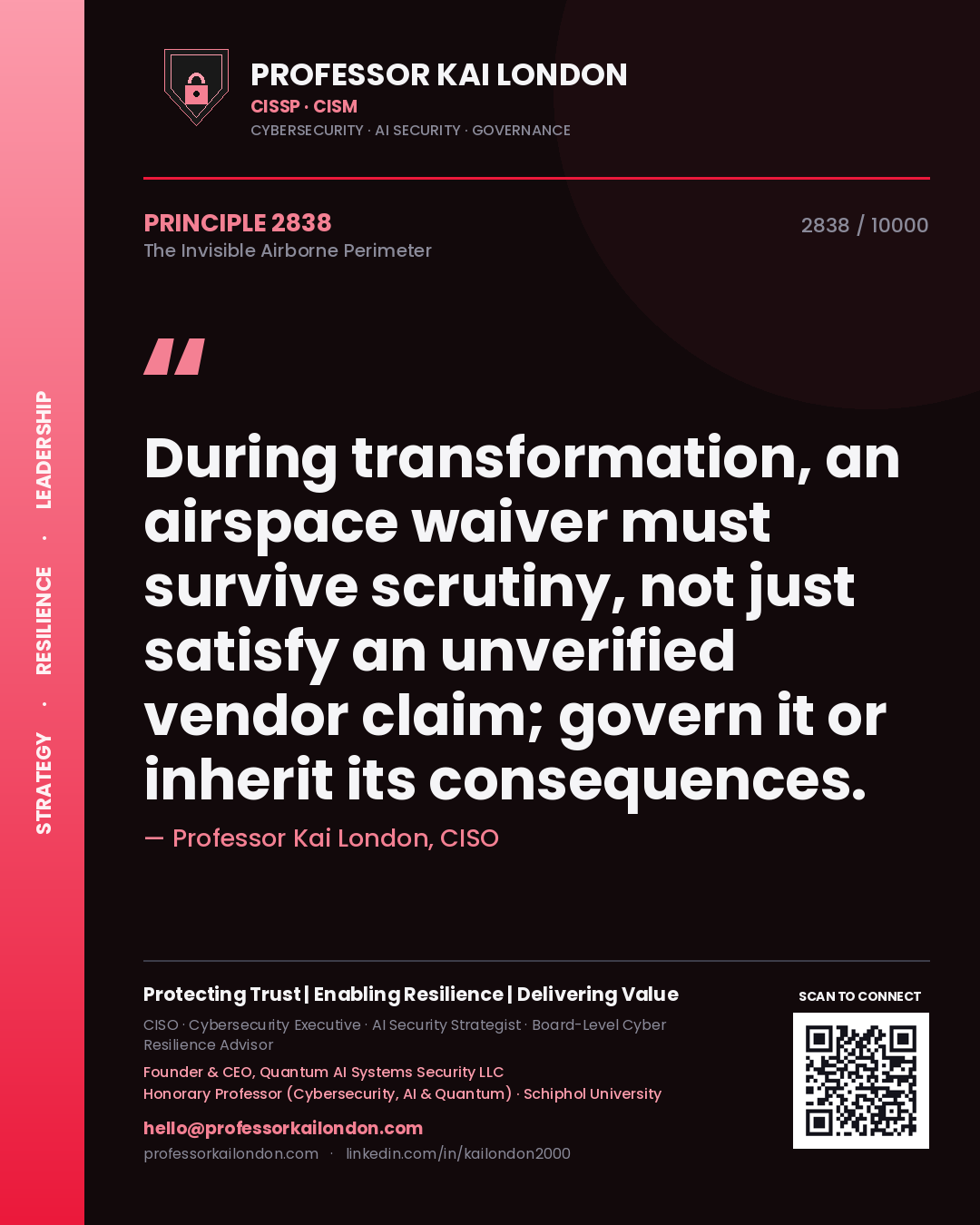 Quote card by Professor Kai London reading 'During transformation, an airspace waiver must survive scrutiny, not just satisfy an unverified vendor claim; govern it or inherit its consequences.'. From the book The Invisible Airborne Perimeter.